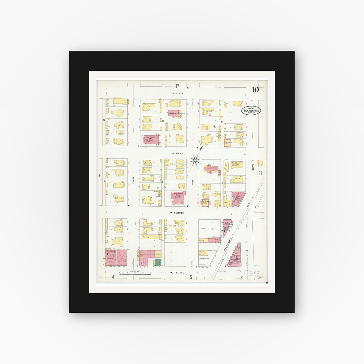 Old map wall art mockup — black gallery frame with white mat — Sanborn Fire Insurance Map from Texarkana, Bowie County, Texas (1909), Sheet #0010