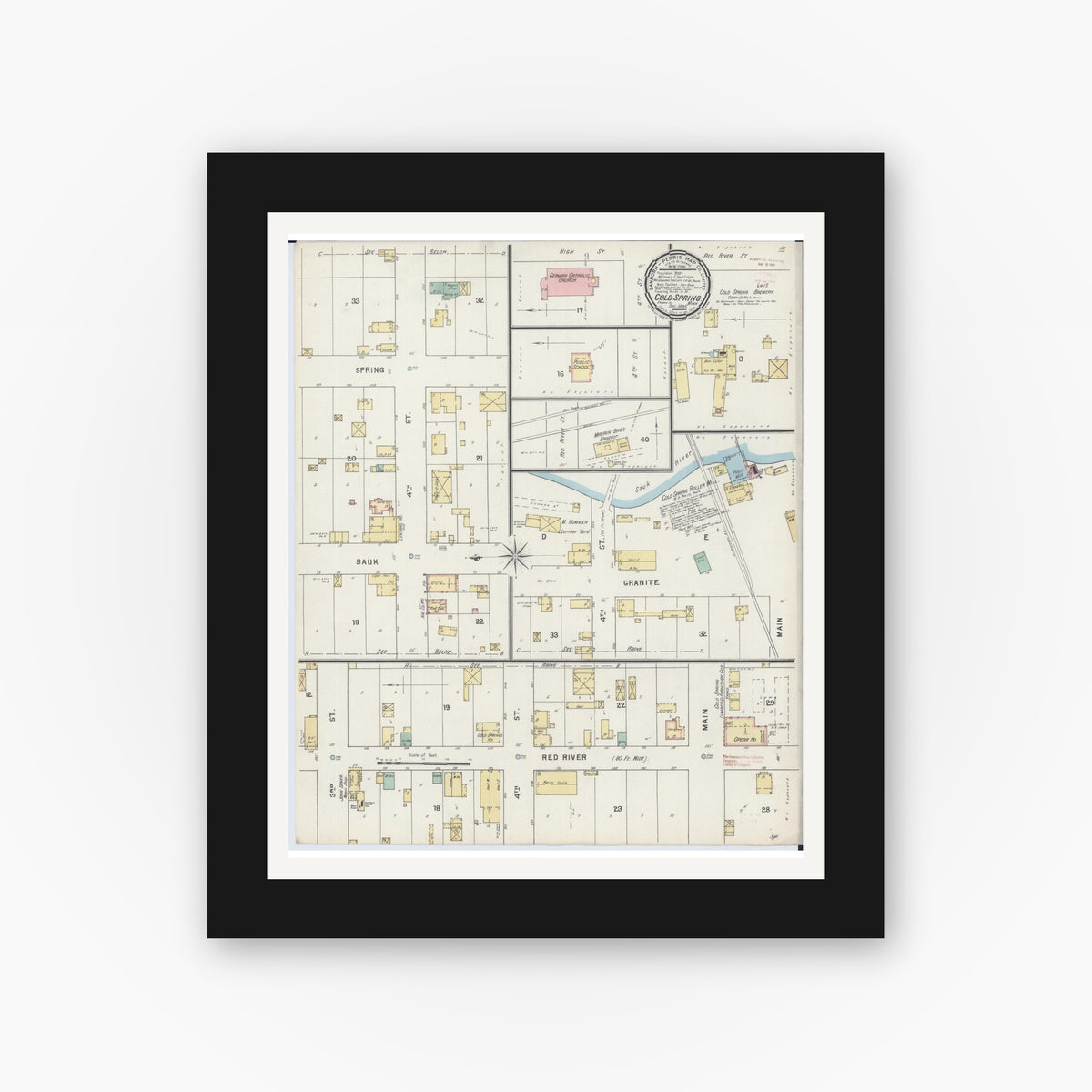 Old map wall art mockup — black gallery frame with white mat — Sanborn Fire Insurance Map from Cold Spring, Stearns County, Minnesota (1895), Sheet #0001