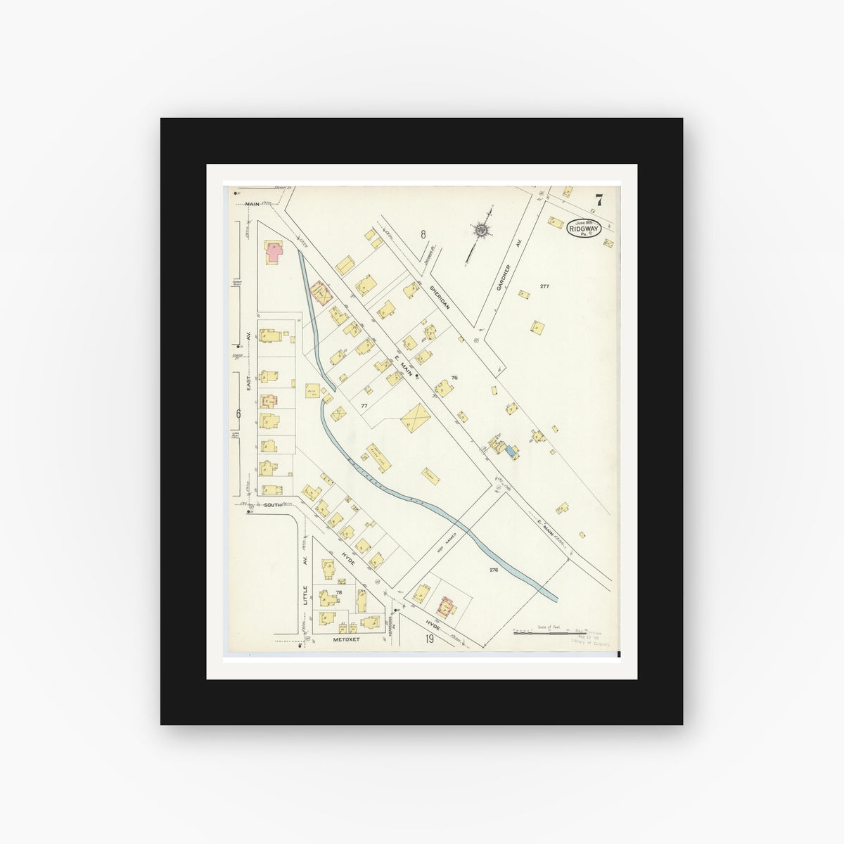 Old map wall art mockup — black gallery frame with white mat — Sanborn Fire Insurance Map from Ridgway, Elk County, Pennsylvania (1915), Sheet #0007