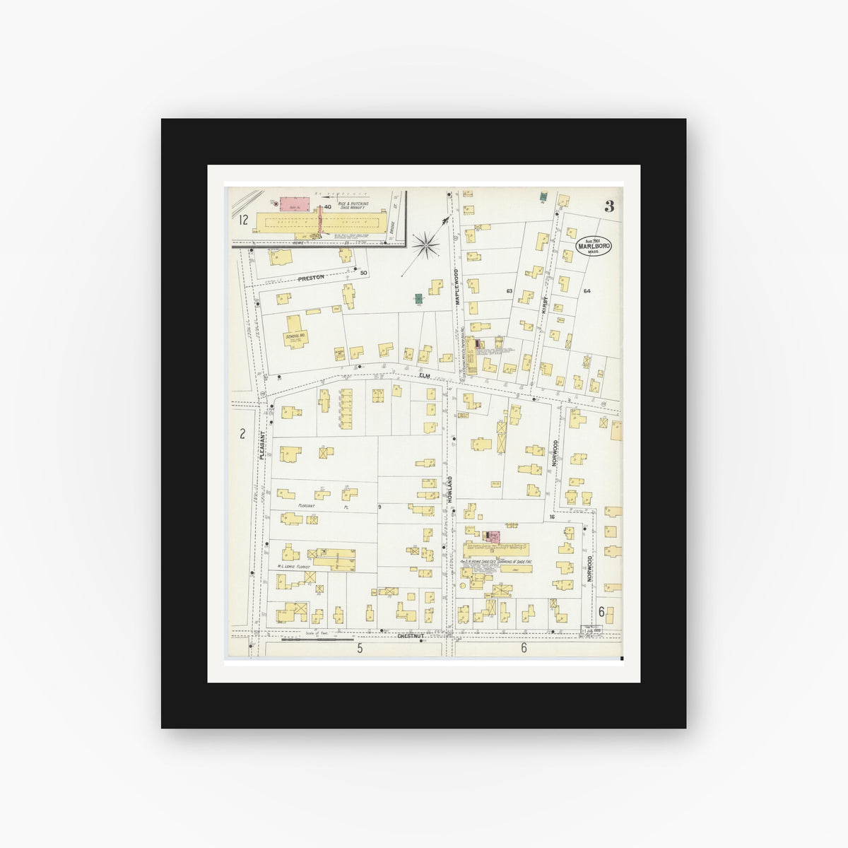 Old map wall art mockup — black gallery frame with white mat — Sanborn Fire Insurance Map from Marlborough, Middlesex County, Massachusetts (1901), Sheet #0003