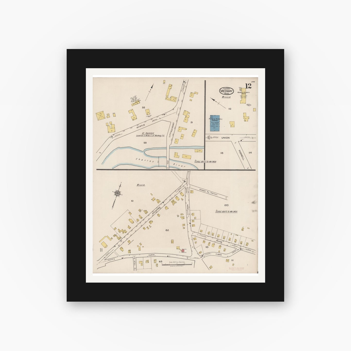 Old map wall art mockup — black gallery frame with white mat — Sanborn Fire Insurance Map from Medway, Norfolk County, Massachusetts (1922), Sheet #0012