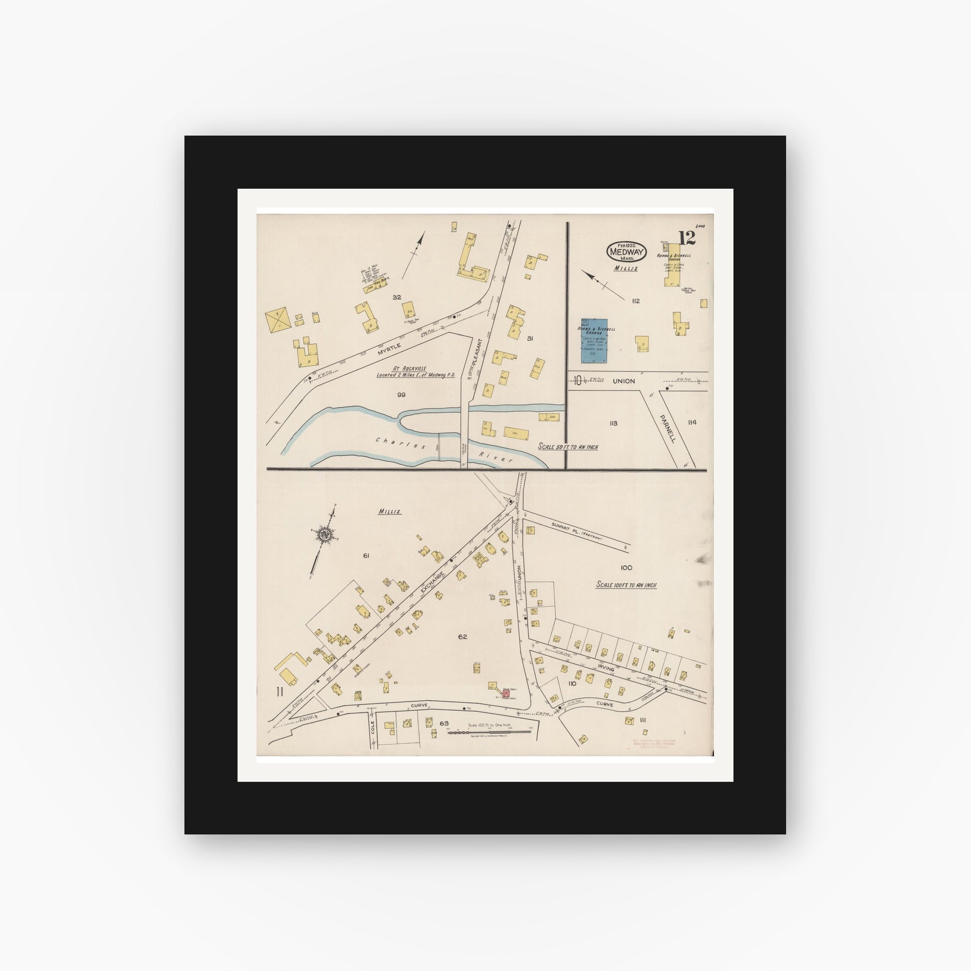 Old map wall art mockup — black gallery frame with white mat — Sanborn Fire Insurance Map from Medway, Norfolk County, Massachusetts (1922), Sheet #0012