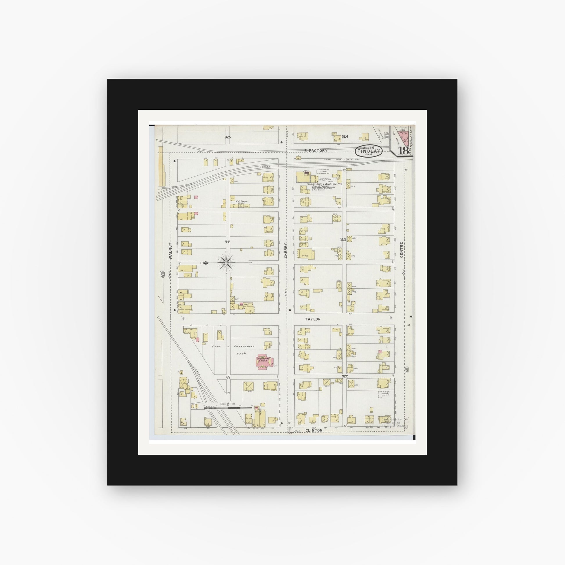 Old map wall art mockup — black gallery frame with white mat — Sanborn Fire Insurance Map from Findlay, Hancock County, Ohio (1895), Sheet #0018