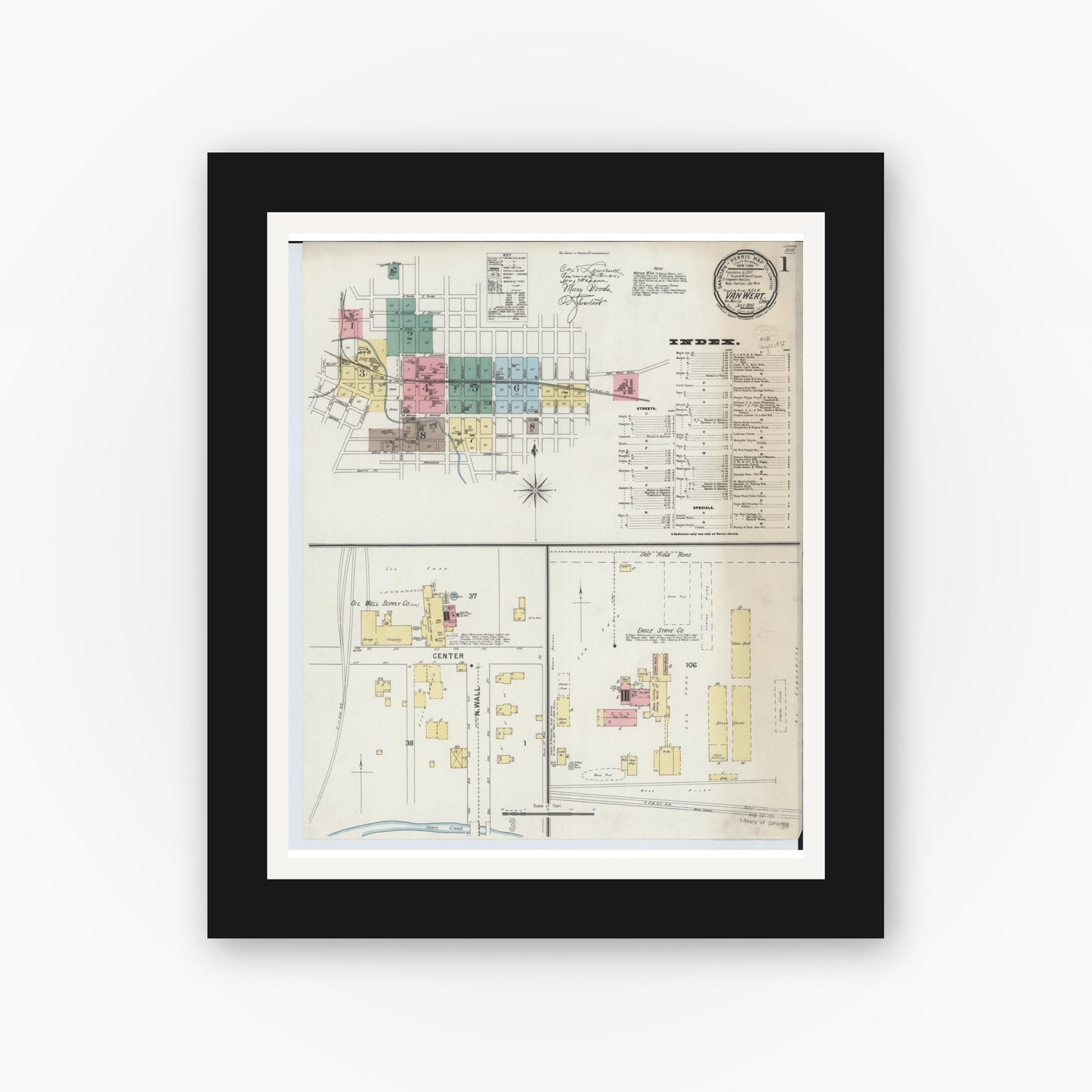 Old map wall art mockup — black gallery frame with white mat — Sanborn Fire Insurance Map from Van Wert, Van Wert County, Ohio (1895) - Complete Map Set