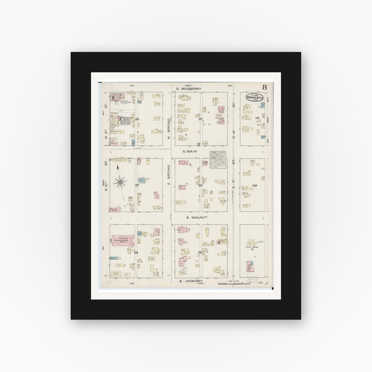 Old map wall art mockup — black gallery frame with white mat — Sanborn Fire Insurance Map from Mankato, Blue Earth County, Minnesota (1884), Sheet #0008