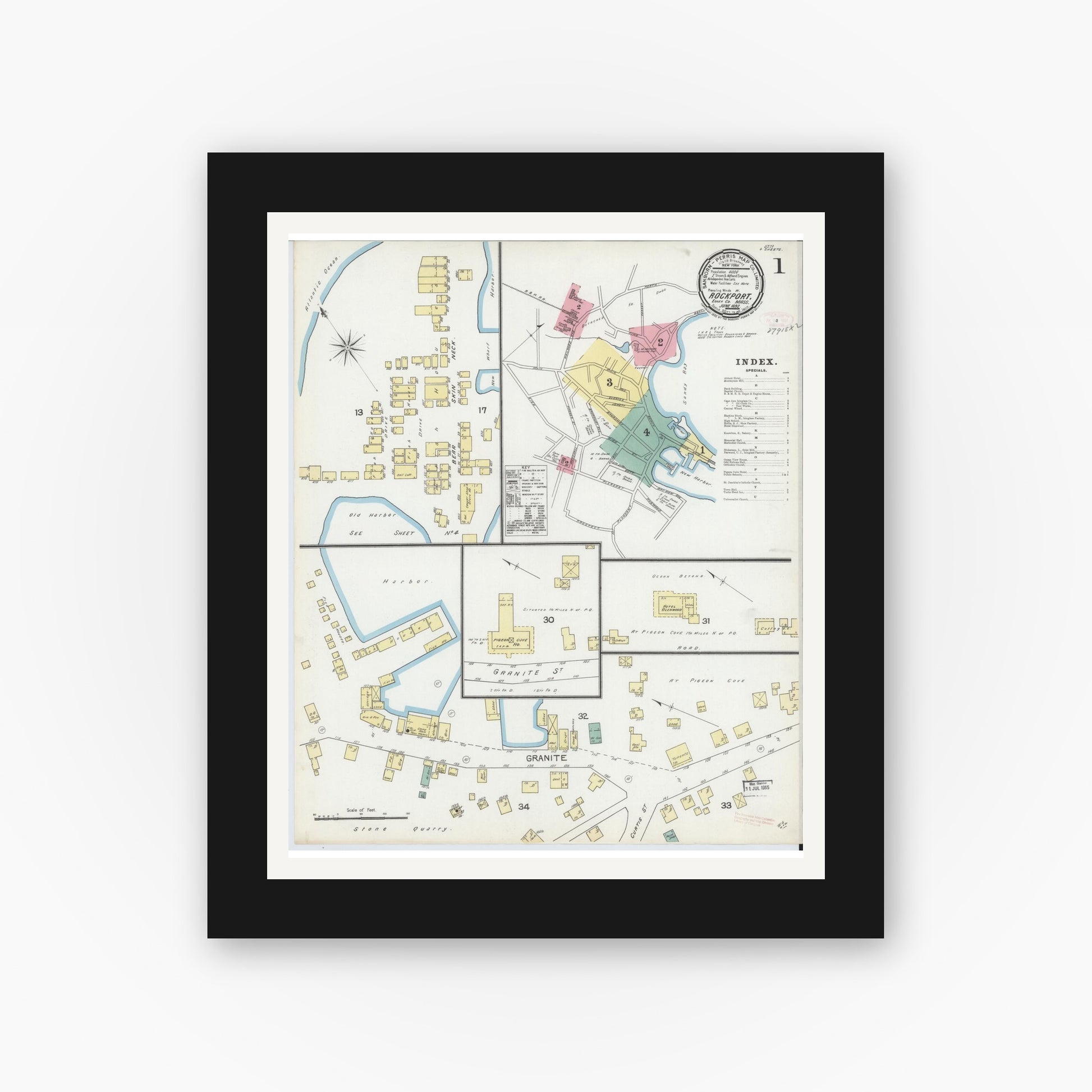 Old map wall art mockup — black gallery frame with white mat — Sanborn Fire Insurance Map from Rockport, Essex County, Massachusetts (1892) - Complete Map Set