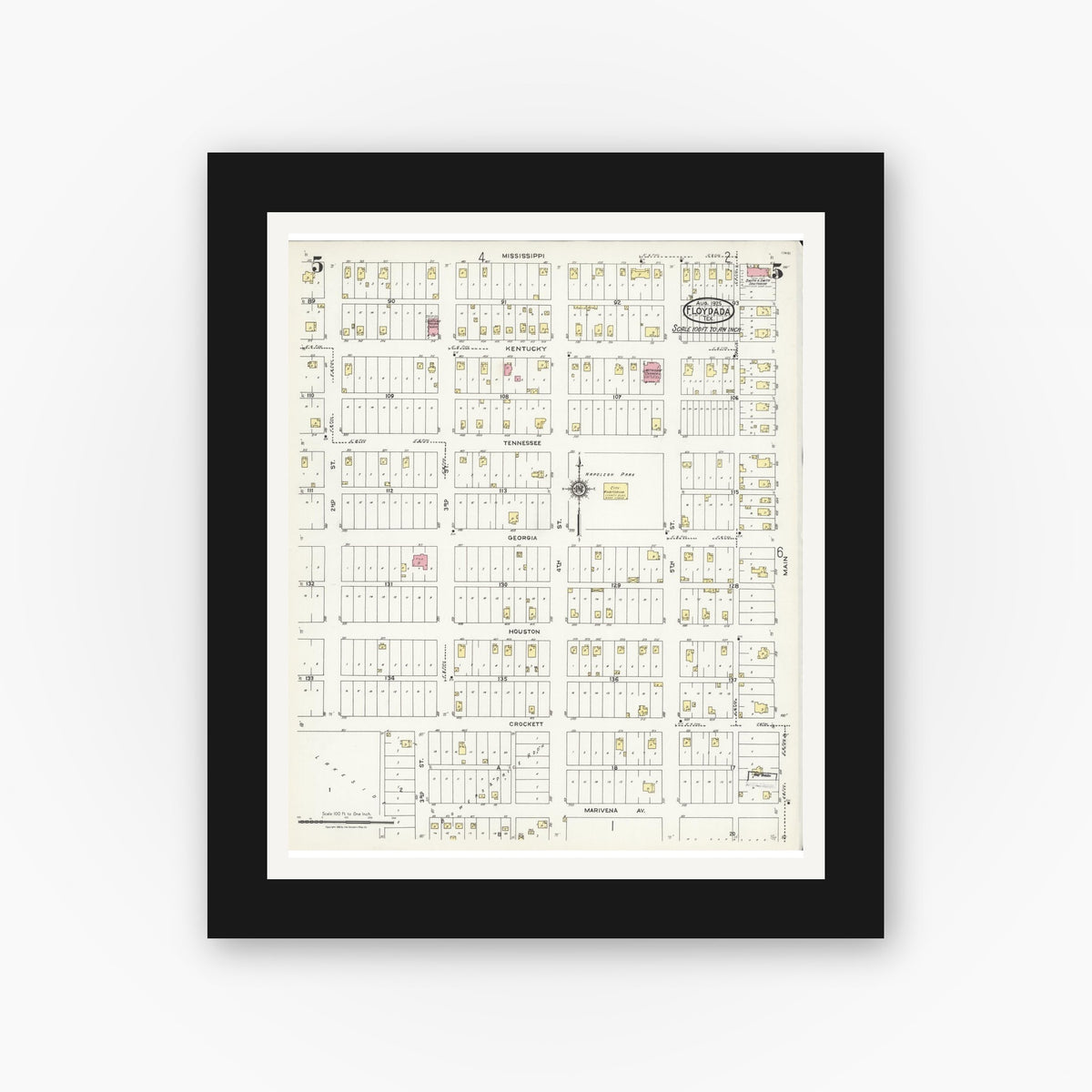 Old map wall art mockup — black gallery frame with white mat — Sanborn Fire Insurance Map from Floydada, Floyd County, Texas (1925), Sheet #0005