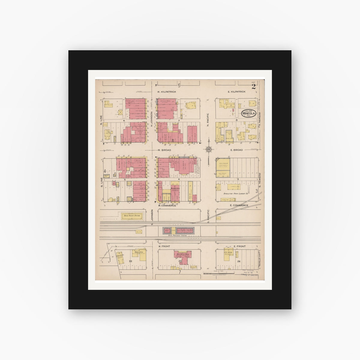 Old map wall art mockup — black gallery frame with white mat — Sanborn Fire Insurance Map from Mineola, Wood County, Texas (1922), Sheet #0002