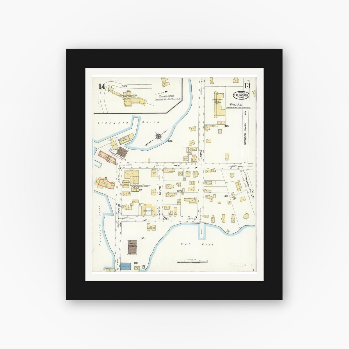 Old map wall art mockup — black gallery frame with white mat — Sanborn Fire Insurance Map from Falmouth, Barnstable County, Massachusetts (1923), Sheet #0014