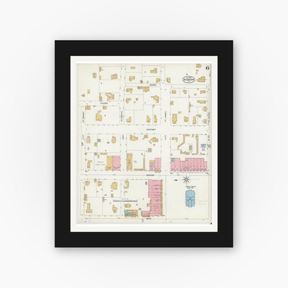 Old map wall art mockup — black gallery frame with white mat — Sanborn Fire Insurance Map from Bonham, Fannin County, Texas (1897), Sheet #0006