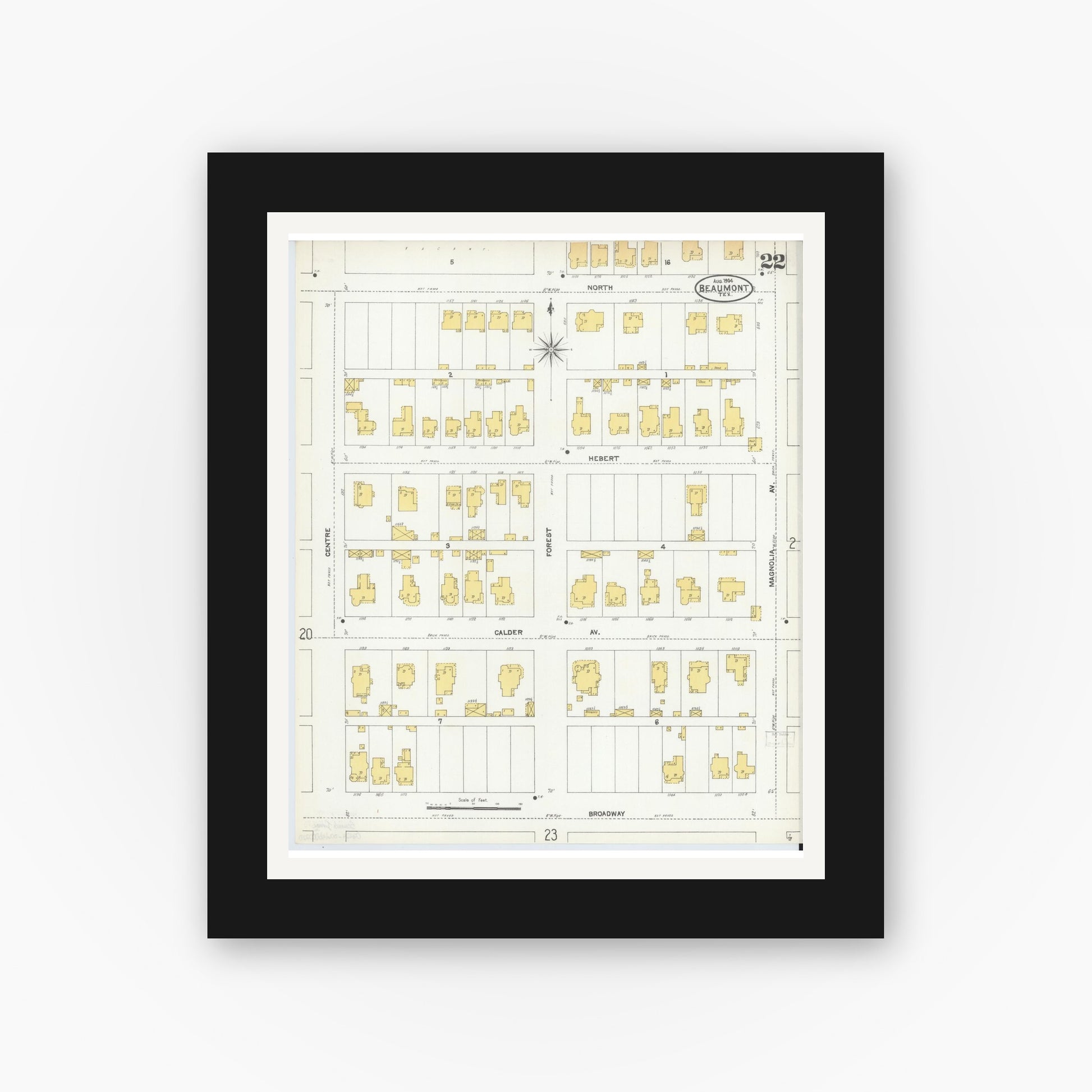 Old map wall art mockup — black gallery frame with white mat — Sanborn Fire Insurance Map from Beaumont, Jefferson County, Texas (1904), Sheet #0022