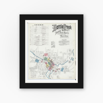 Old map wall art mockup — black gallery frame with white mat — Sanborn Fire Insurance Map from Battle Creek, Calhoun County, Michigan (1892), Sheet #0001