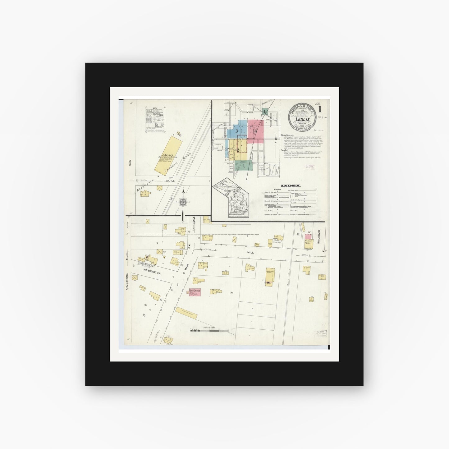 Old map wall art mockup — black gallery frame with white mat — Sanborn Fire Insurance Map from Leslie, Ingham County, Michigan (1913) - Complete Map Set