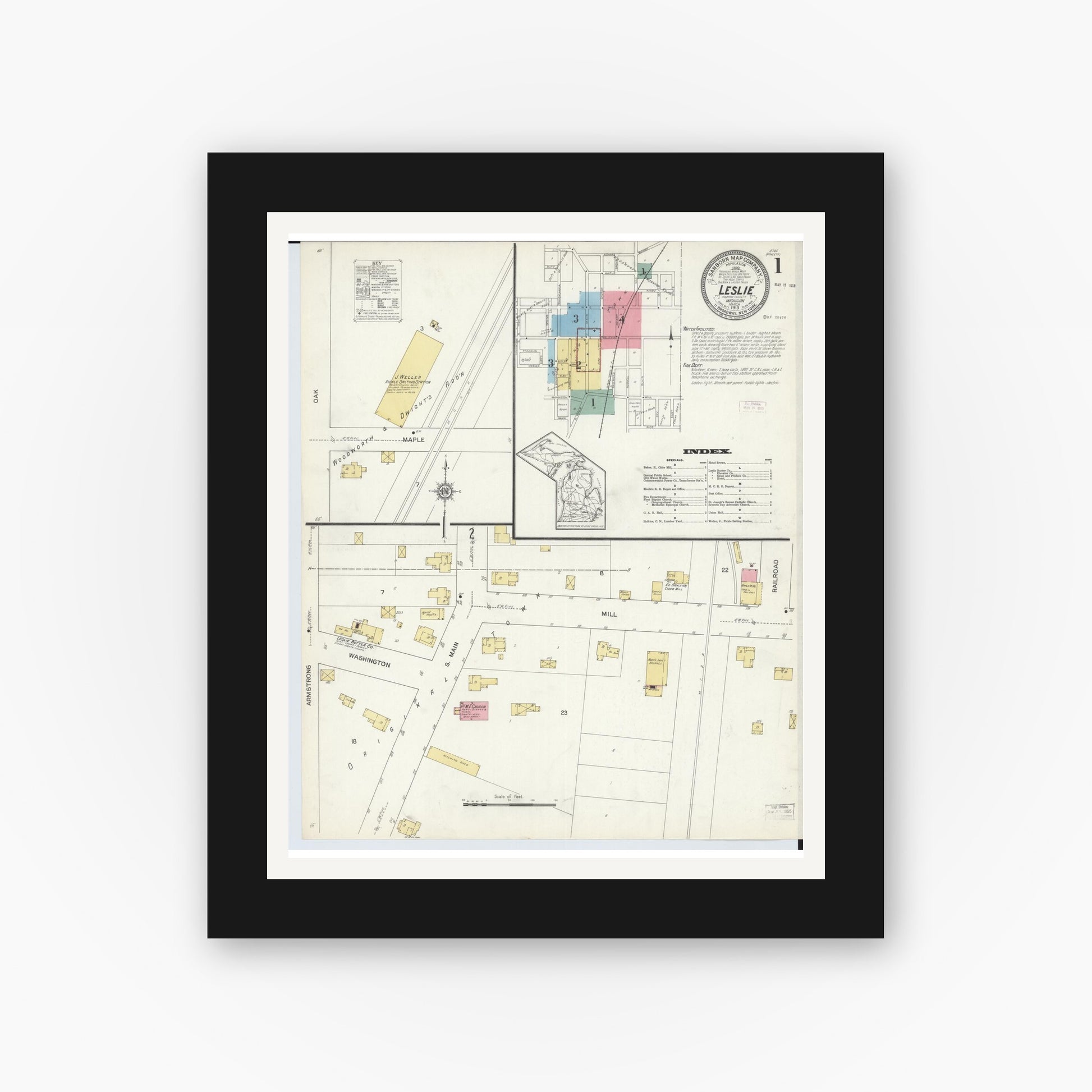 Old map wall art mockup — black gallery frame with white mat — Sanborn Fire Insurance Map from Leslie, Ingham County, Michigan (1913) - Complete Map Set