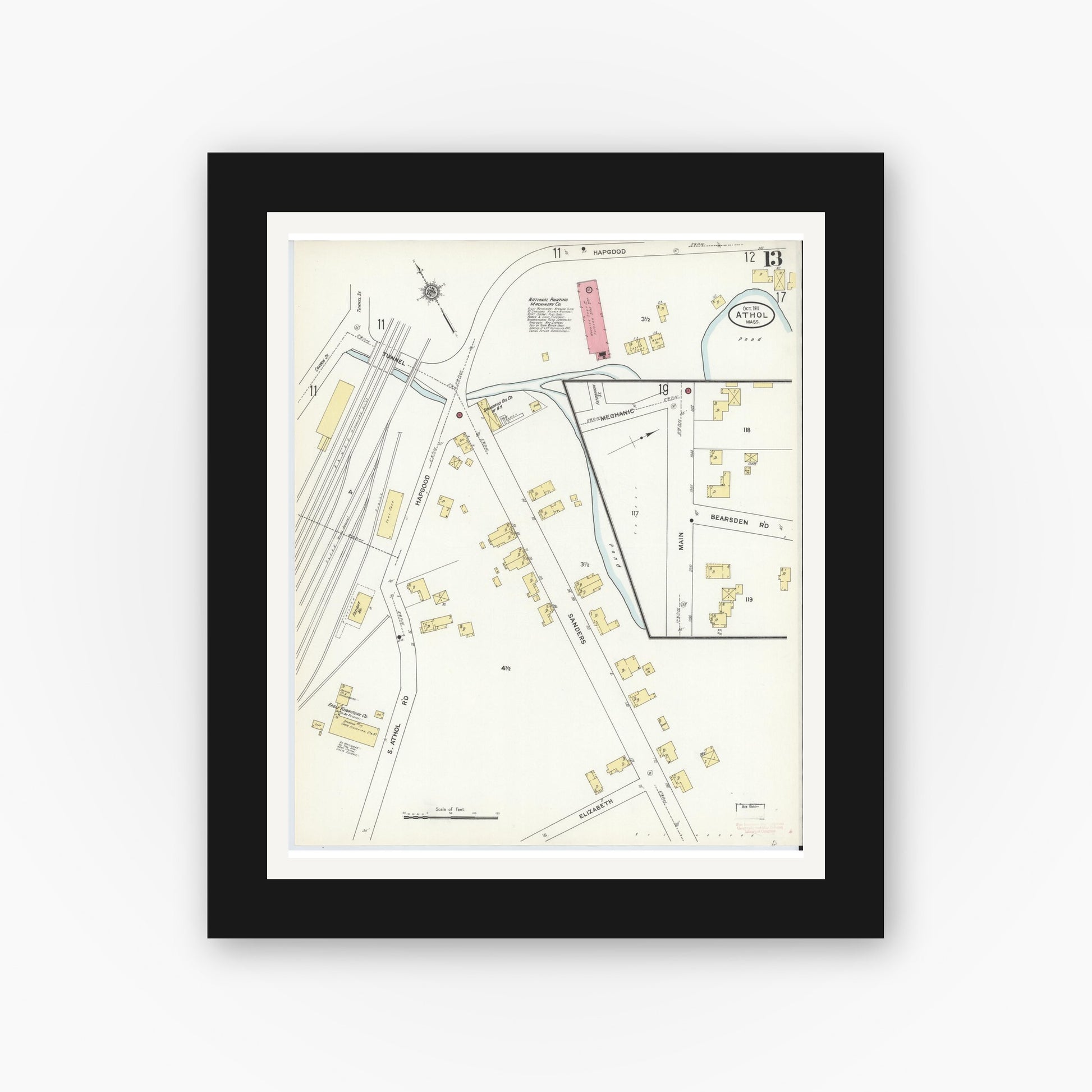 Old map wall art mockup — black gallery frame with white mat — Sanborn Fire Insurance Map from Athol, Worcester County, Massachusetts (1911), Sheet #0013