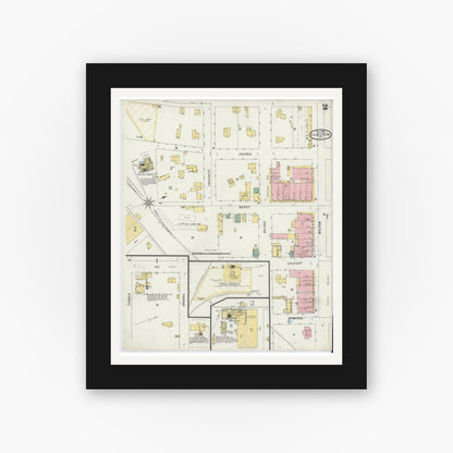 Old map wall art mockup — black gallery frame with white mat — Sanborn Fire Insurance Map from Cameron, Milam County, Texas (1896), Sheet #0002