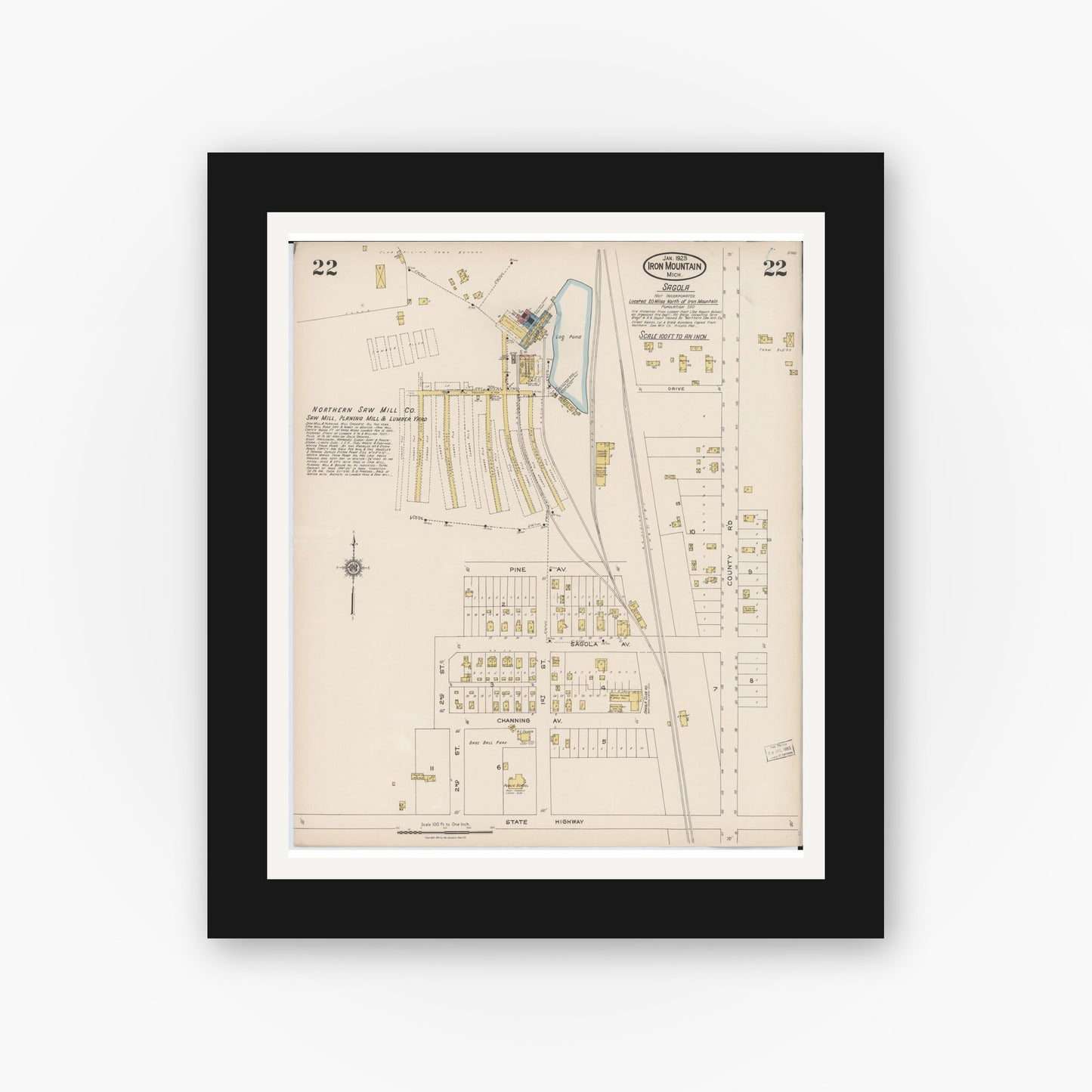 Old map wall art mockup — black gallery frame with white mat — Sanborn Fire Insurance Map from Iron Mountain, Dickinson County, Michigan (1923), Sheet #0022