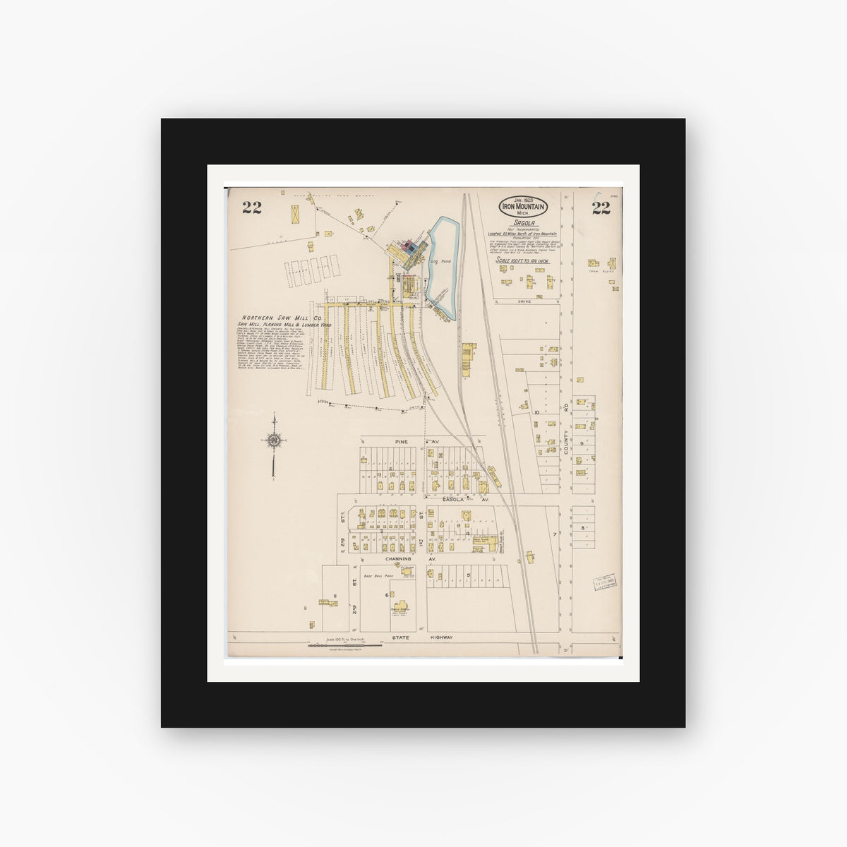 Old map wall art mockup — black gallery frame with white mat — Sanborn Fire Insurance Map from Iron Mountain, Dickinson County, Michigan (1923), Sheet #0022