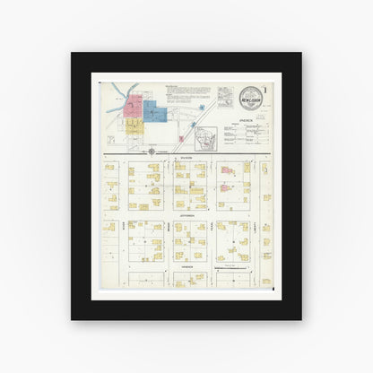 Old map wall art mockup — black gallery frame with white mat — Sanborn Fire Insurance Map from New Lisbon, Juneau County, Wisconsin (1916), Sheet #0001