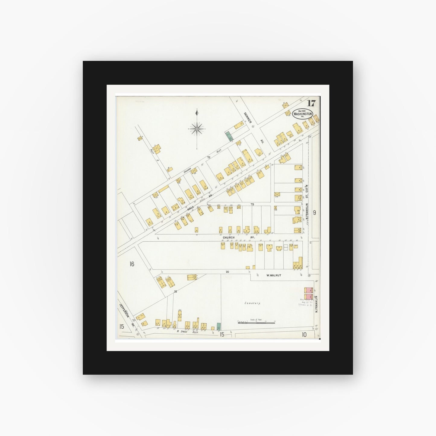 Old map wall art mockup — black gallery frame with white mat — Sanborn Fire Insurance Map from Washington, Washington County, Pennsylvania (1900), Sheet #0017