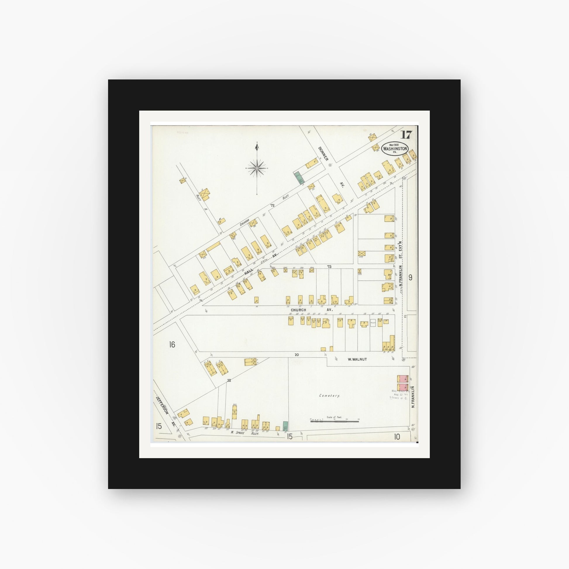 Old map wall art mockup — black gallery frame with white mat — Sanborn Fire Insurance Map from Washington, Washington County, Pennsylvania (1900), Sheet #0017