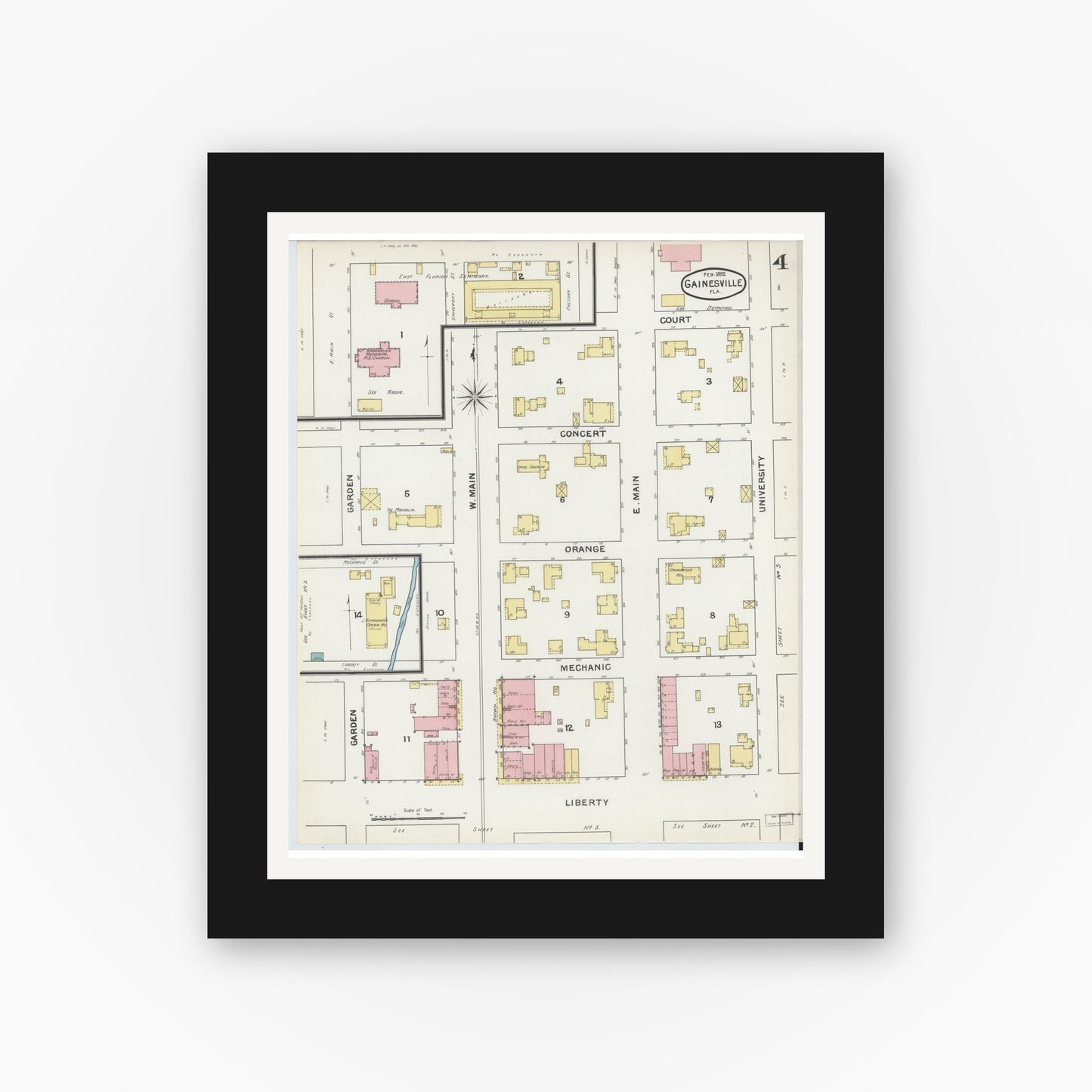Old map wall art mockup — black gallery frame with white mat — Sanborn Fire Insurance Map from Gainesville, Alachua County, Florida (1892), Sheet #0004