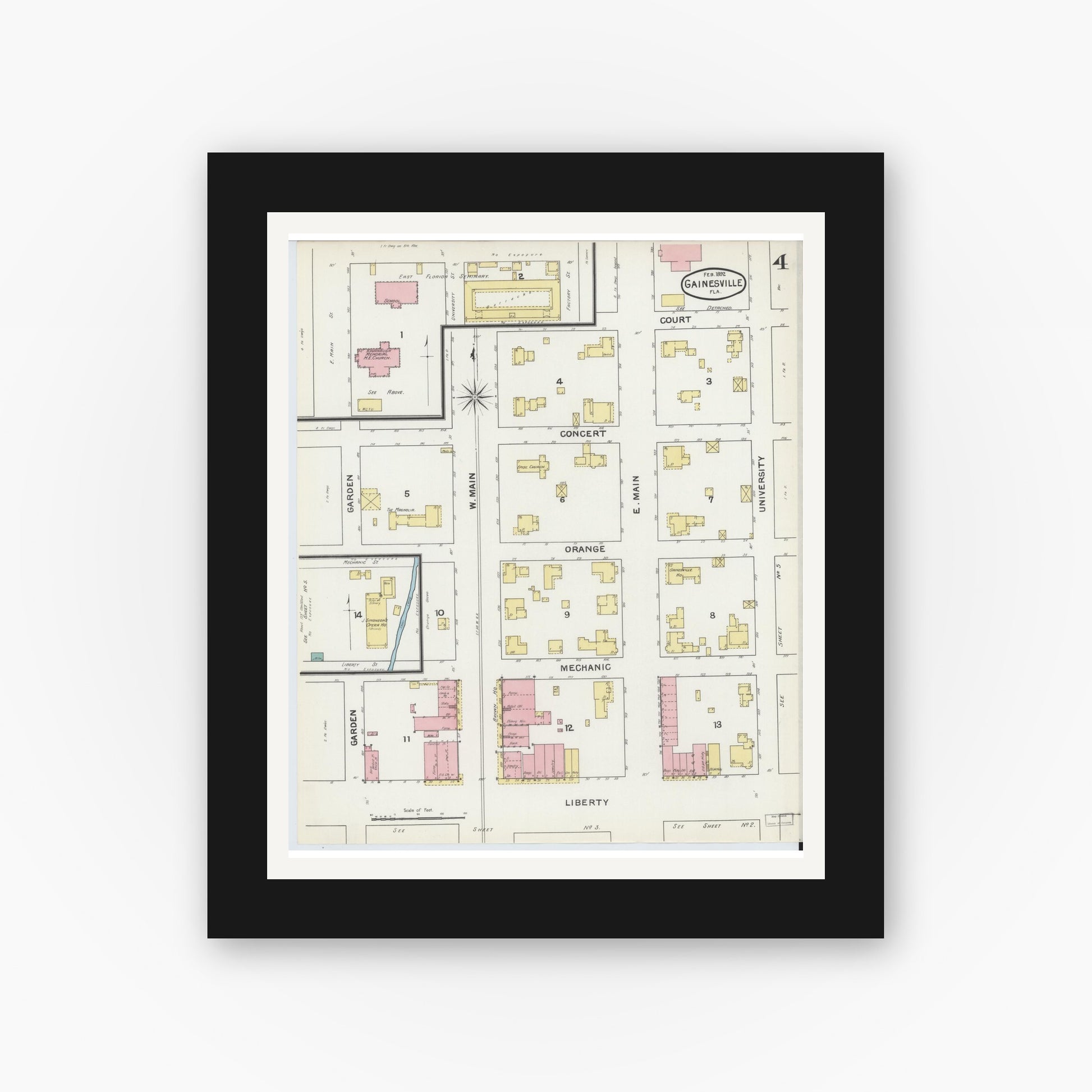 Old map wall art mockup — black gallery frame with white mat — Sanborn Fire Insurance Map from Gainesville, Alachua County, Florida (1892), Sheet #0004