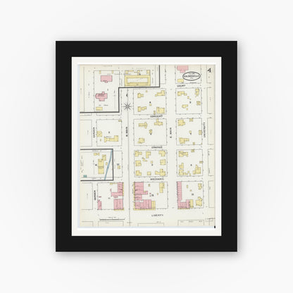 Old map wall art mockup — black gallery frame with white mat — Sanborn Fire Insurance Map from Gainesville, Alachua County, Florida (1892), Sheet #0004