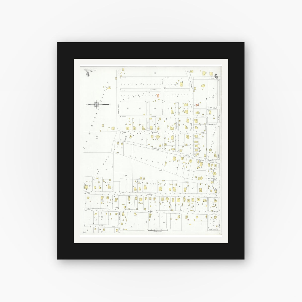 Old map wall art mockup — black gallery frame with white mat — Sanborn Fire Insurance Map from Rockwall, Rockwall County, Texas (1934), Sheet #0006