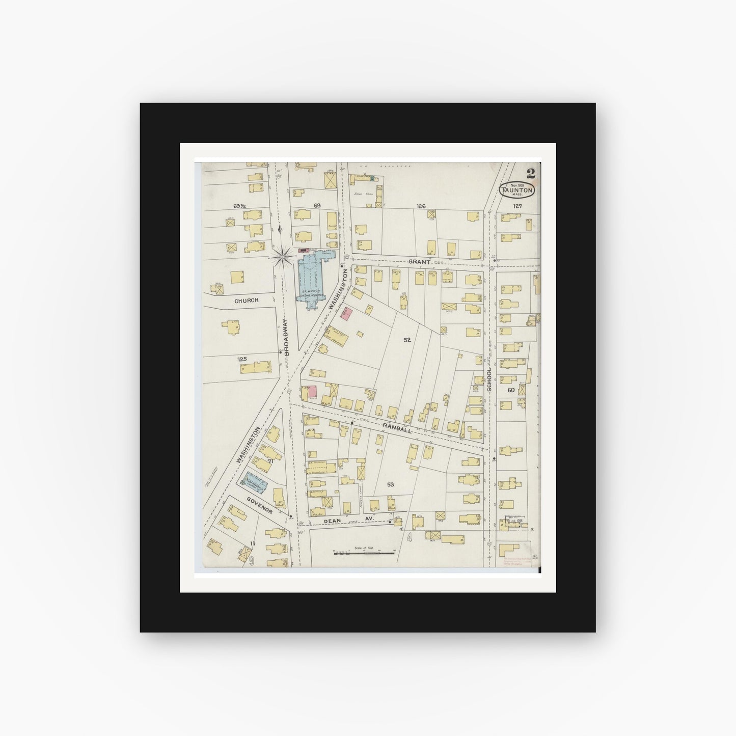 Old map wall art mockup — black gallery frame with white mat — Sanborn Fire Insurance Map from Taunton, Bristol County, Massachusetts (1893), Sheet #0002