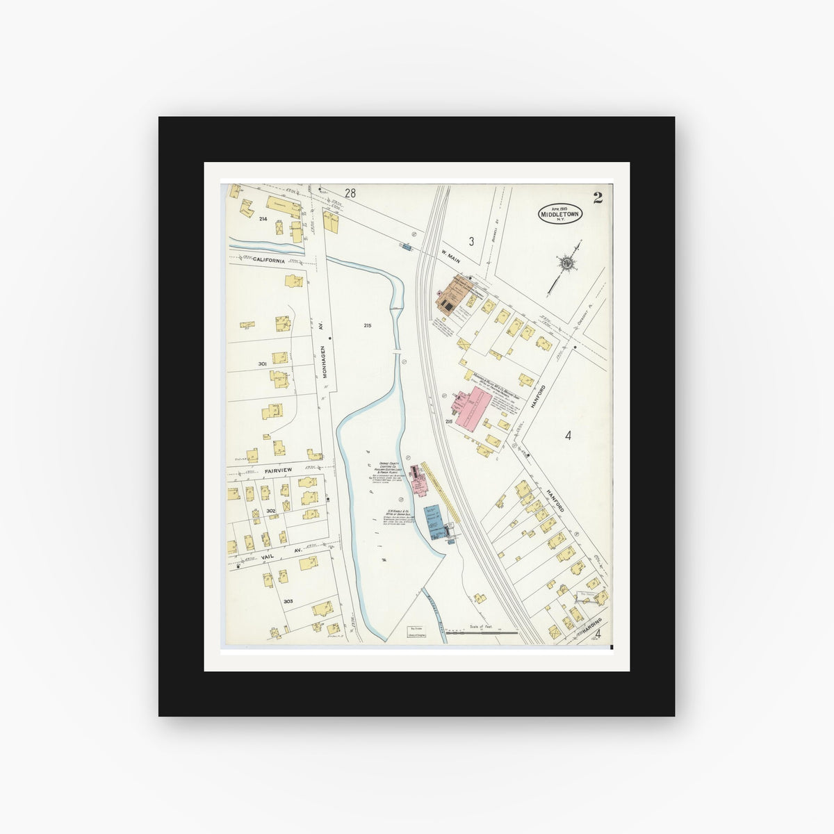 Old map wall art mockup — black gallery frame with white mat — Sanborn Fire Insurance Map from Middletown, Orange County, New York (1910) - Complete Map Set