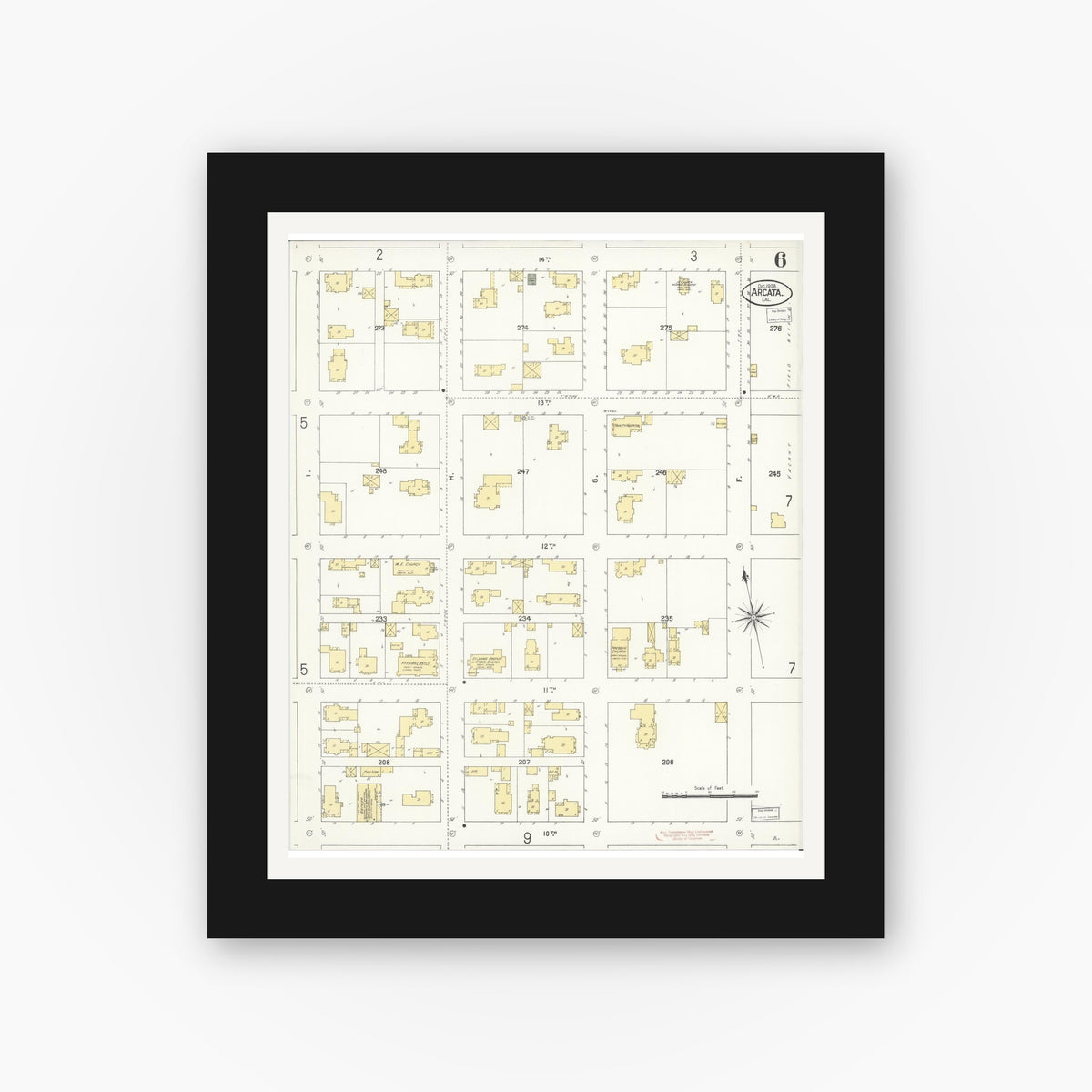 Old map wall art mockup — black gallery frame with white mat — Sanborn Fire Insurance Map from Arcata, Humboldt County, California (1908), Sheet #0006