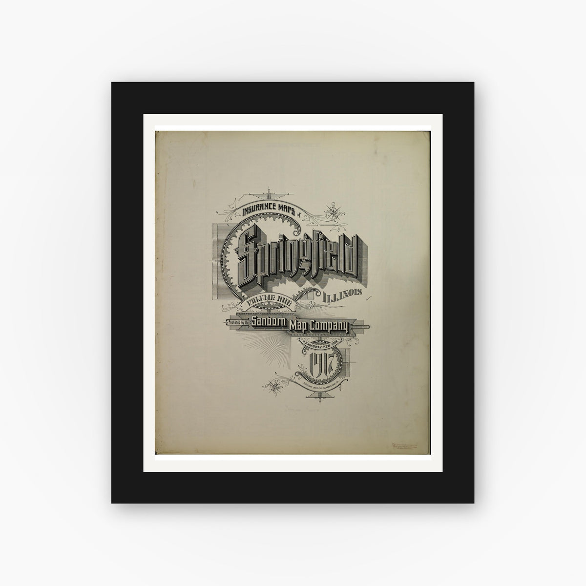 Old map wall art mockup — black gallery frame with white mat — Sanborn Fire Insurance Map from Springfield, Sangamon County, Illinois (1917), Sheet #0001