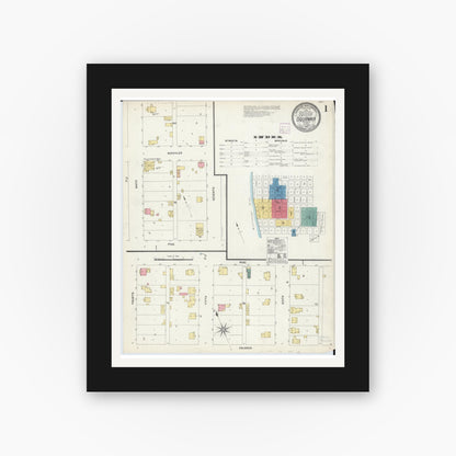 Old map wall art mockup — black gallery frame with white mat — Sanborn Fire Insurance Map from Oquawka, Henderson County, Illinois (1907), Sheet #0001