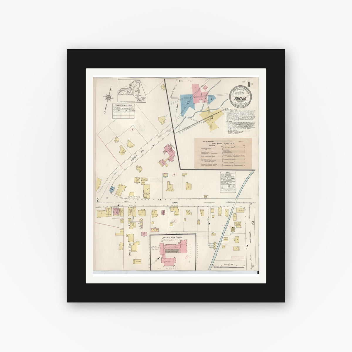 Old map wall art mockup — black gallery frame with white mat — Sanborn Fire Insurance Map from Amenia, Dutchess County, New York (1934) - Complete Map Set
