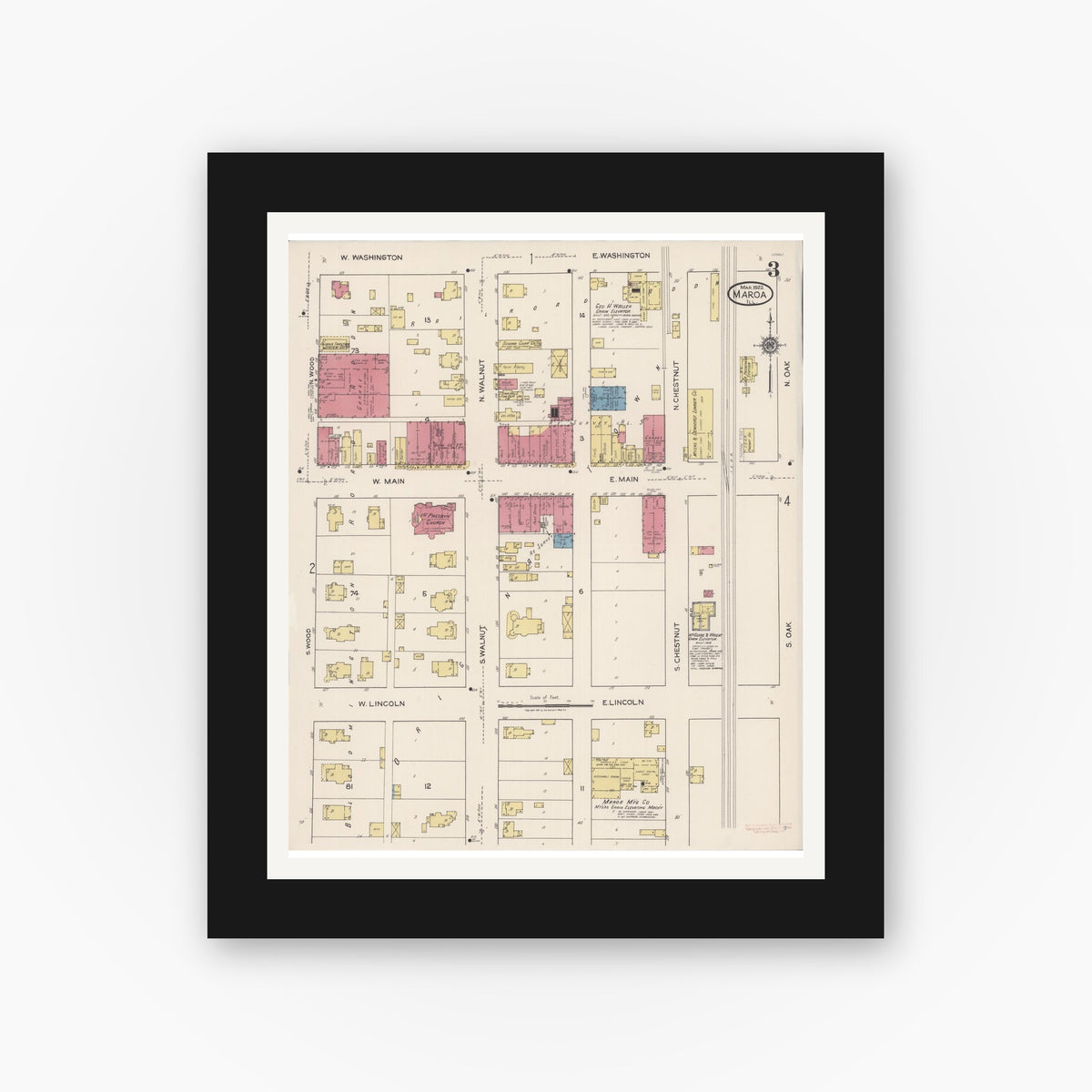 Old map wall art mockup — black gallery frame with white mat — Sanborn Fire Insurance Map from Maroa, Macon County, Illinois (1922), Sheet #0003