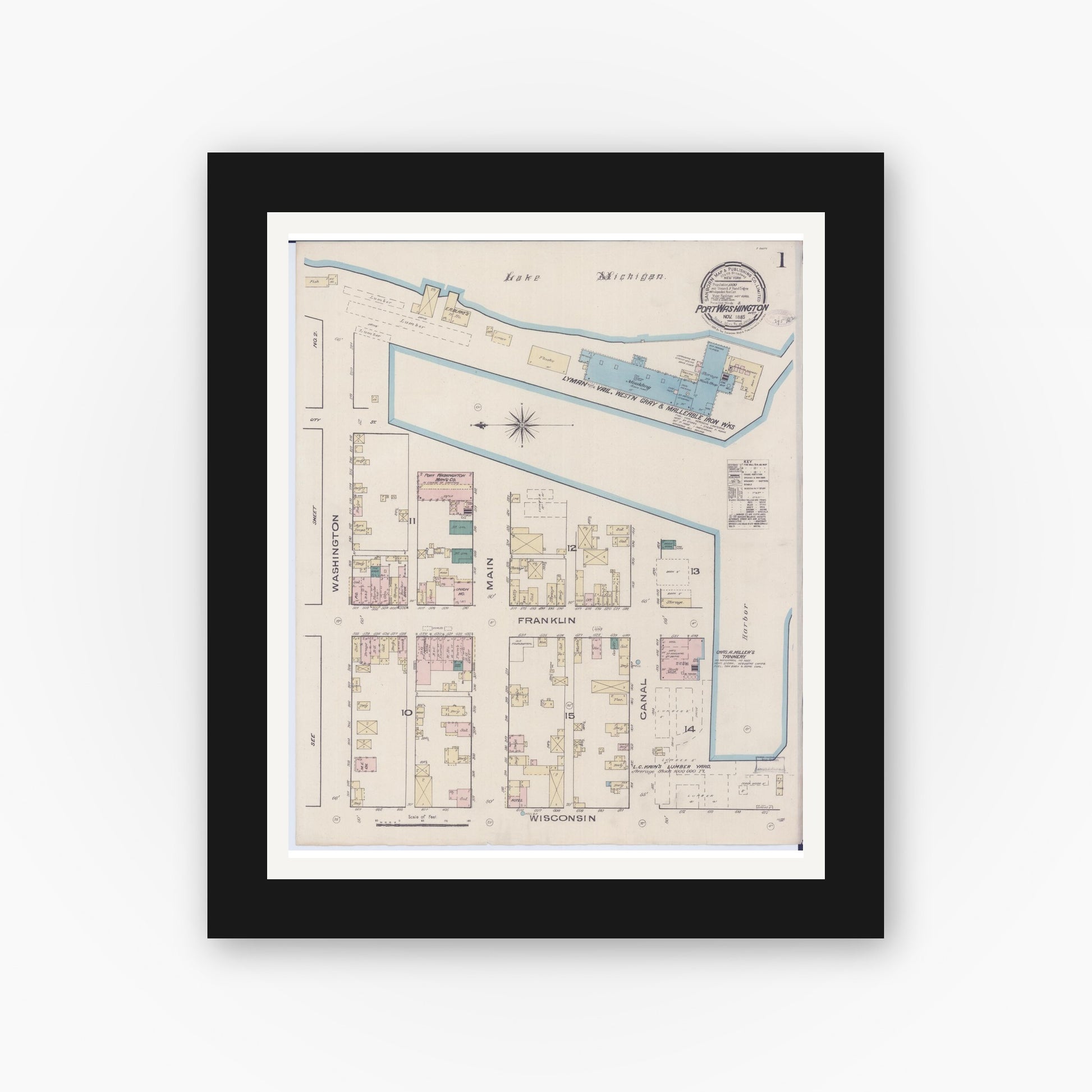 Old map wall art mockup — black gallery frame with white mat — Sanborn Fire Insurance Map from Port Washington, Ozaukee County, Wisconsin (1885) - Complete Map Set