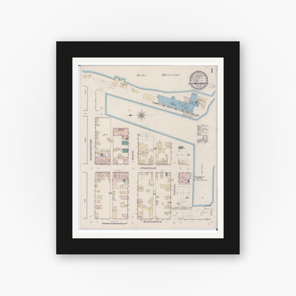 Old map wall art mockup — black gallery frame with white mat — Sanborn Fire Insurance Map from Port Washington, Ozaukee County, Wisconsin (1885) - Complete Map Set