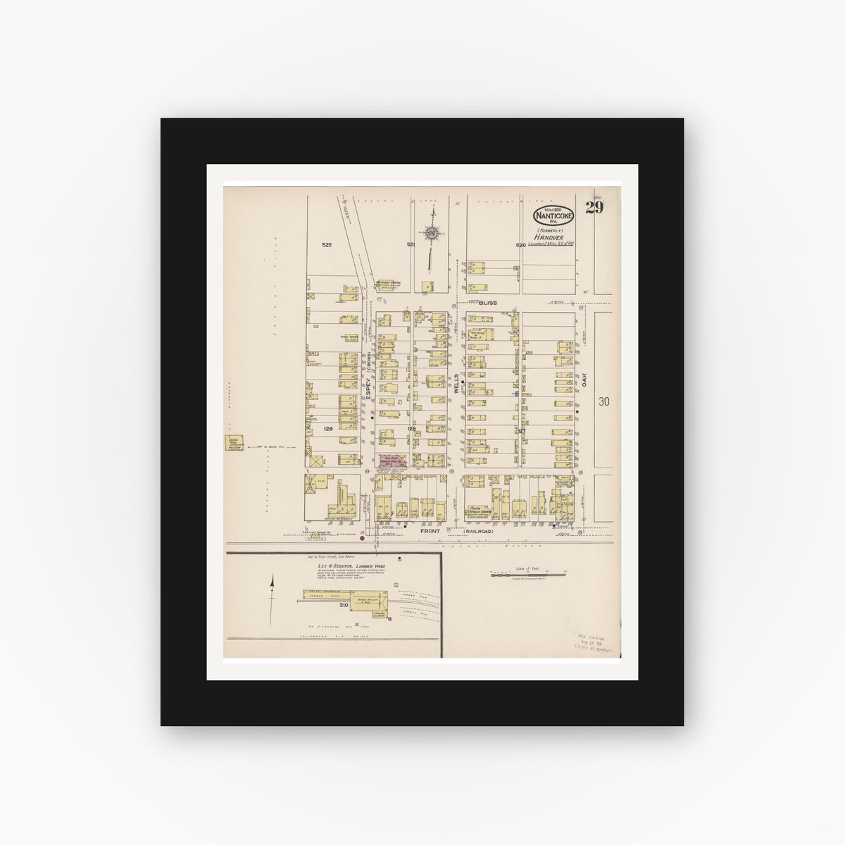 Old map wall art mockup — black gallery frame with white mat — Sanborn Fire Insurance Map from Nanticoke, Luzerne County, Pennsylvania (1920), Sheet #0029