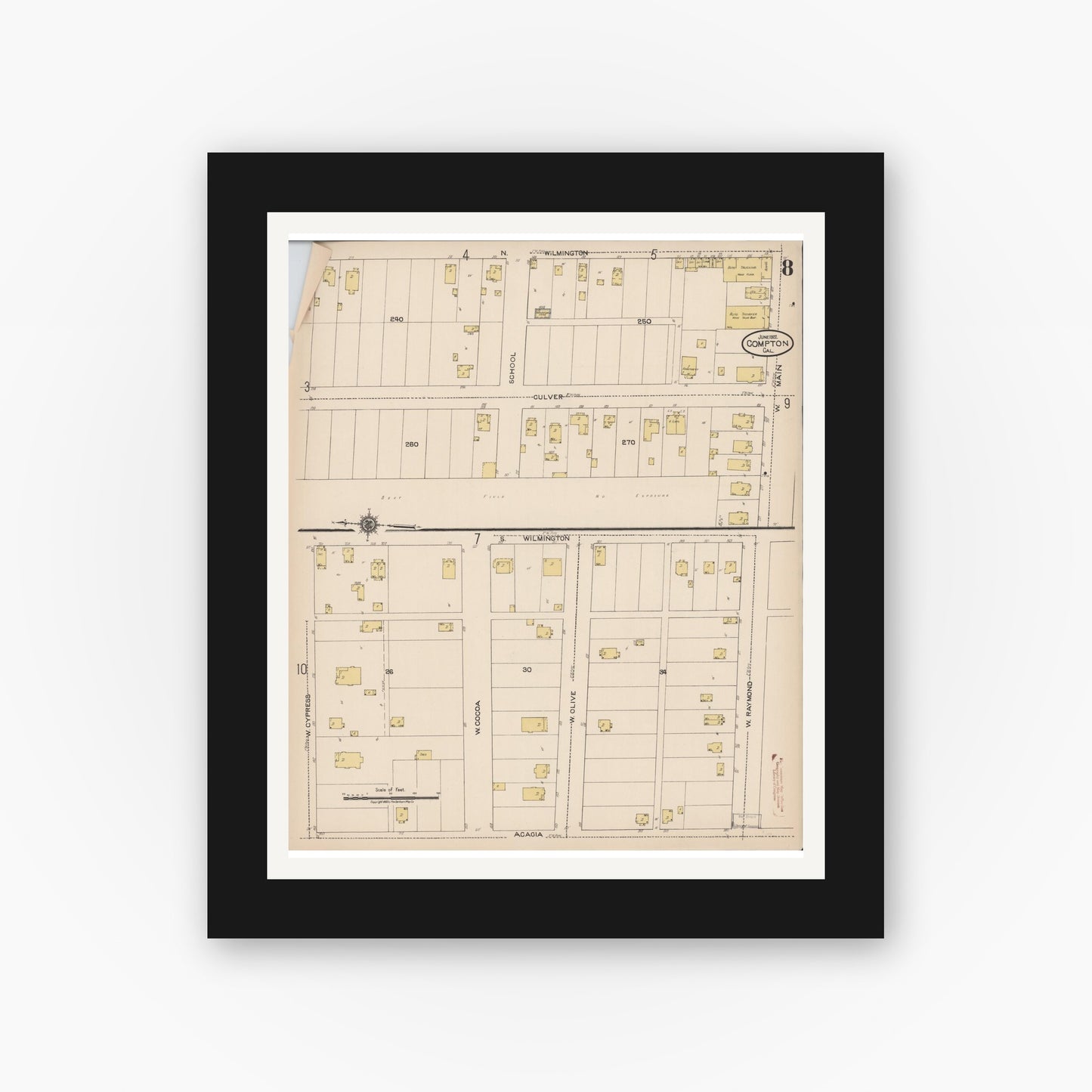 Old map wall art mockup — black gallery frame with white mat — Sanborn Fire Insurance Map from Compton, Los Angeles County, California (1922), Sheet #0008