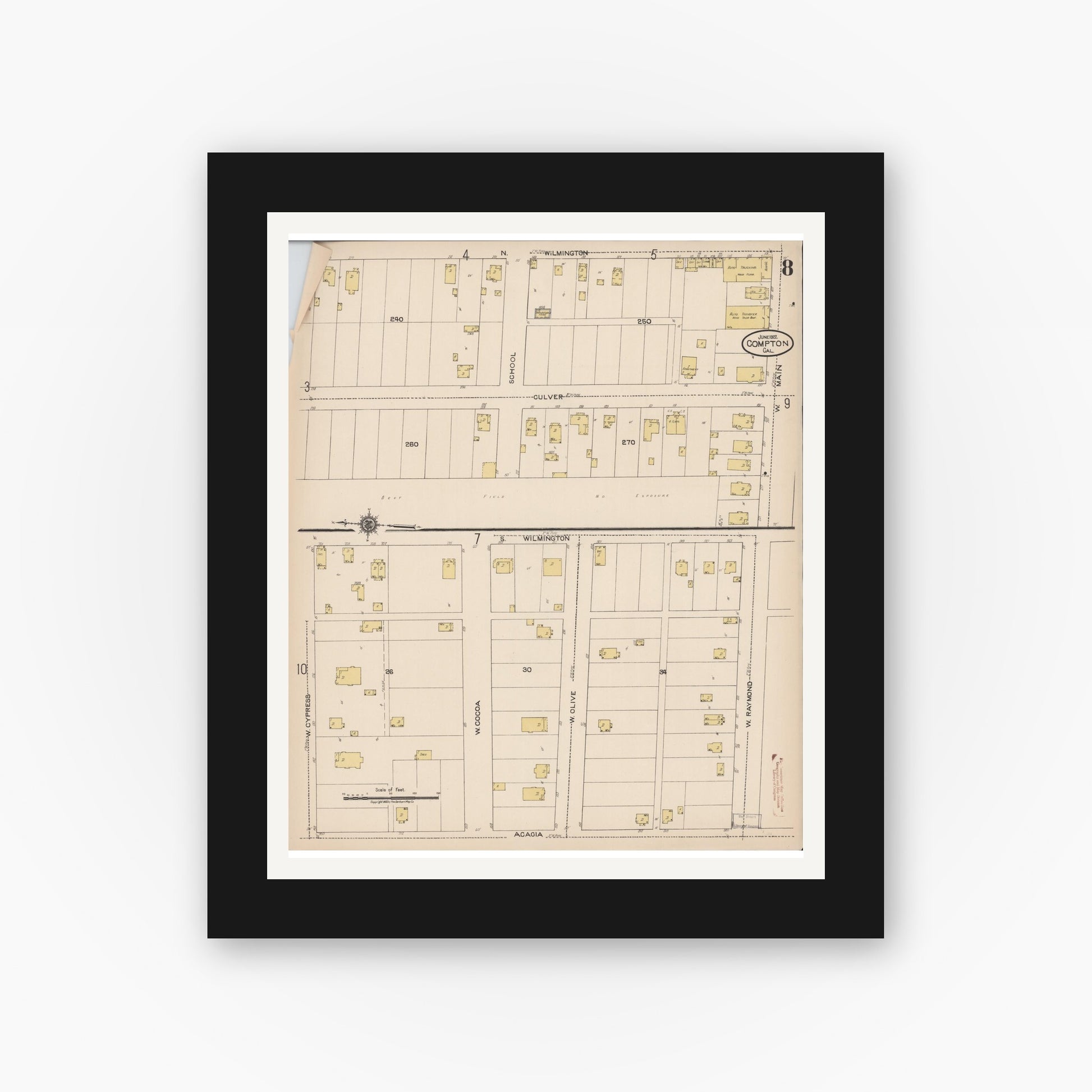 Old map wall art mockup — black gallery frame with white mat — Sanborn Fire Insurance Map from Compton, Los Angeles County, California (1922), Sheet #0008