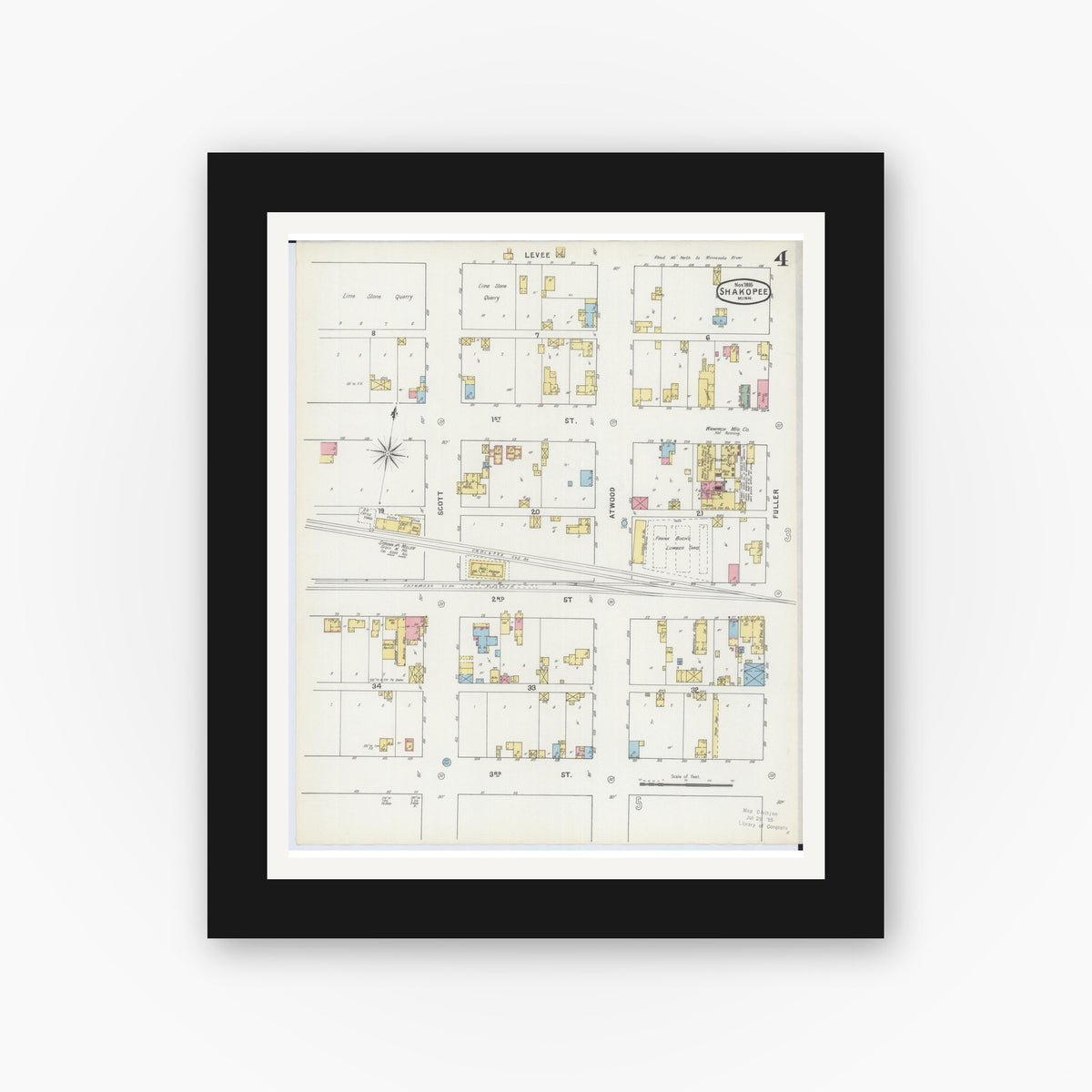 Old map wall art mockup — black gallery frame with white mat — Sanborn Fire Insurance Map from Shakopee, Scott County, Minnesota (1895), Sheet #0004