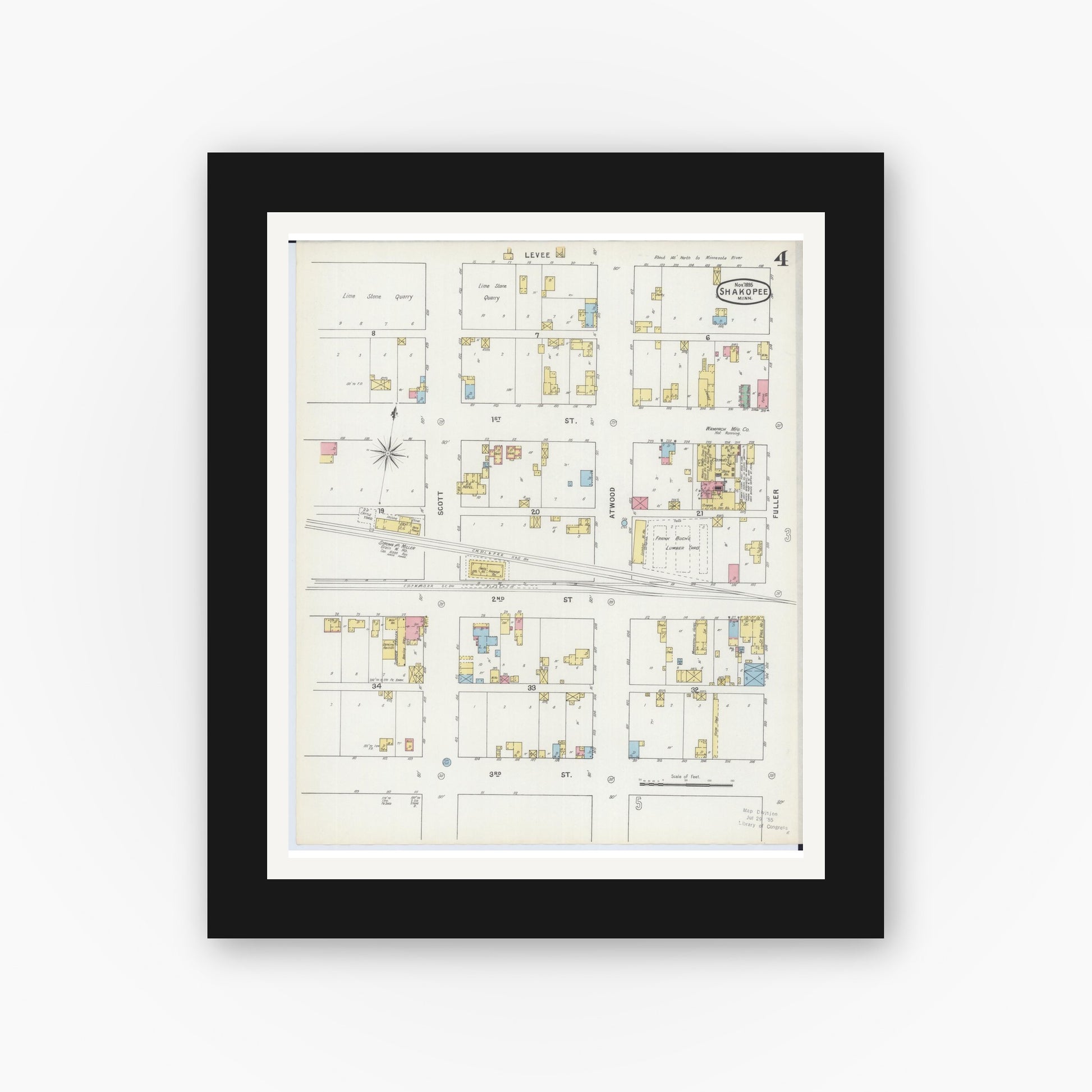 Old map wall art mockup — black gallery frame with white mat — Sanborn Fire Insurance Map from Shakopee, Scott County, Minnesota (1895), Sheet #0004