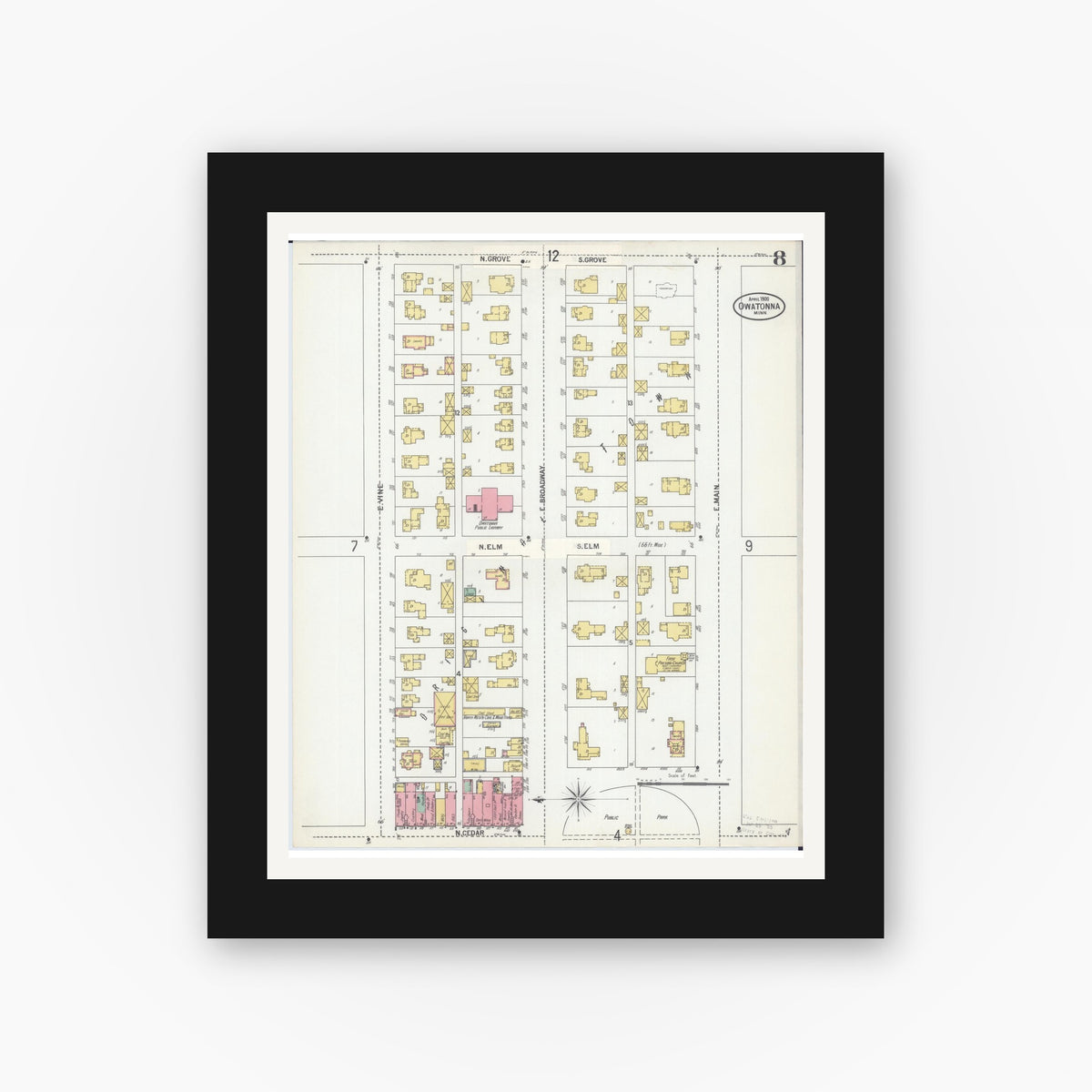 Old map wall art mockup — black gallery frame with white mat — Sanborn Fire Insurance Map from Owatonna, Steele County, Minnesota (1900), Sheet #0008