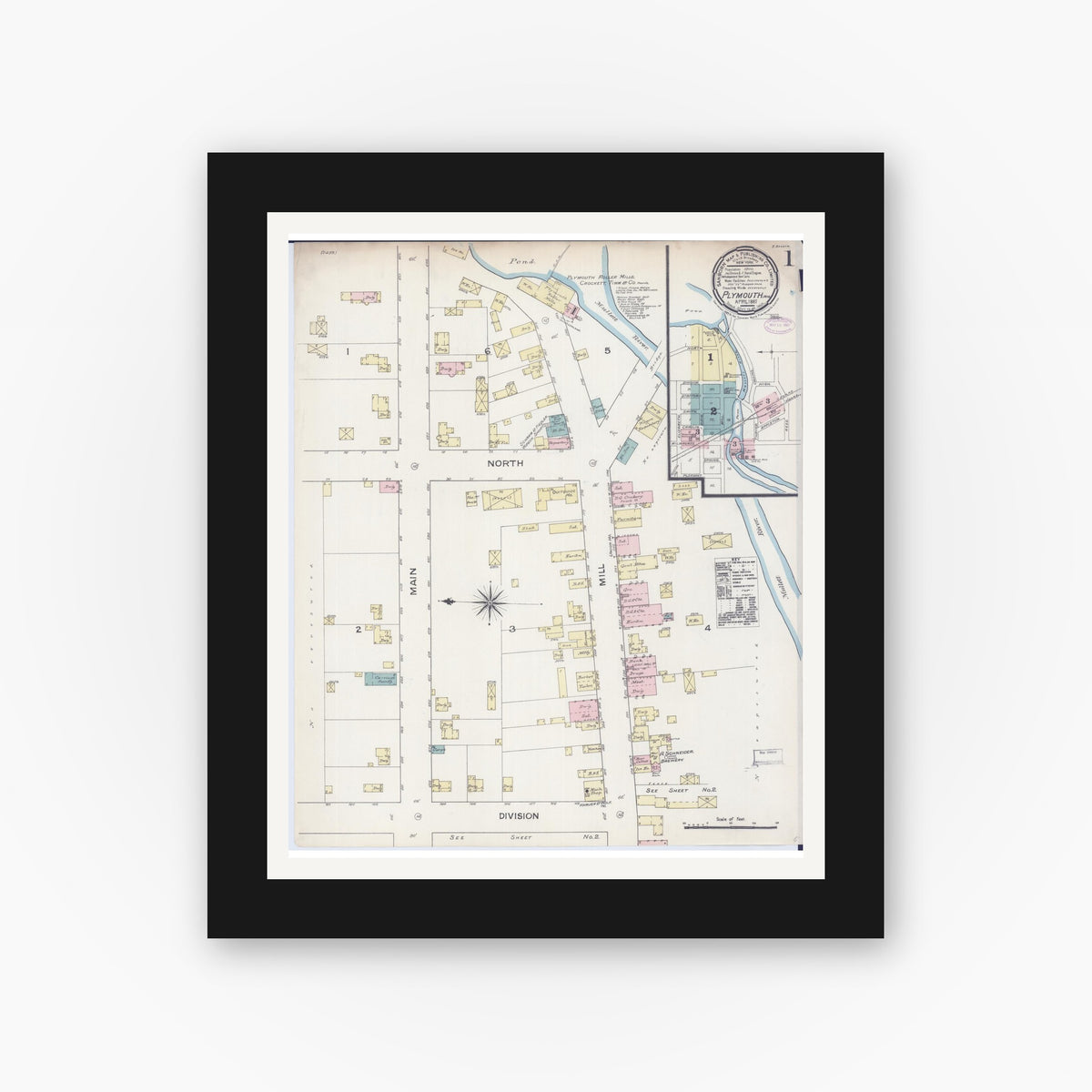 Old map wall art mockup — black gallery frame with white mat — Sanborn Fire Insurance Map from Plymouth, Sheboygan County, Wisconsin (1887), Sheet #0001