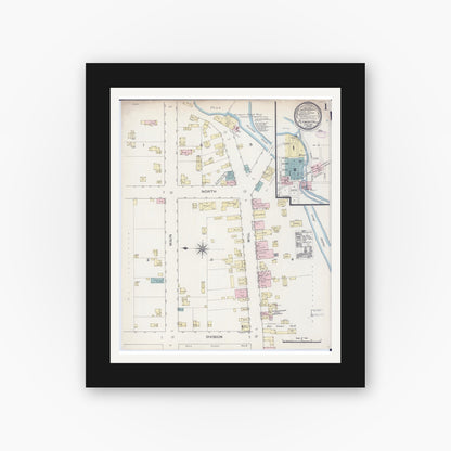Old map wall art mockup — black gallery frame with white mat — Sanborn Fire Insurance Map from Plymouth, Sheboygan County, Wisconsin (1887), Sheet #0001