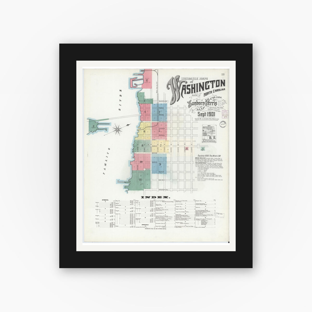 Old map wall art mockup — black gallery frame with white mat — Sanborn Fire Insurance Map from Washington, Beaufort County, North Carolina (1901), Sheet #0001