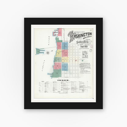 Old map wall art mockup — black gallery frame with white mat — Sanborn Fire Insurance Map from Washington, Beaufort County, North Carolina (1901), Sheet #0001