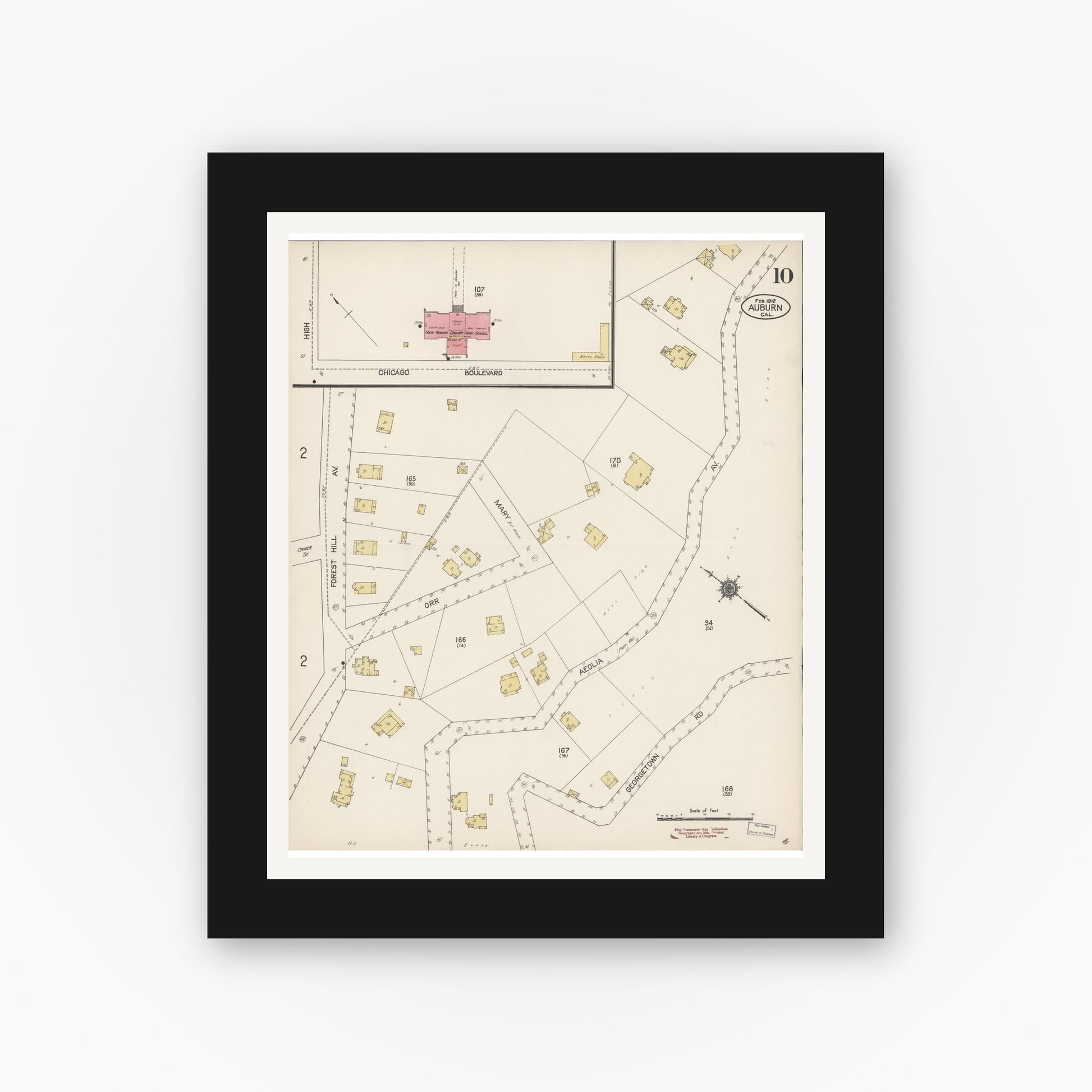 Old map wall art mockup — black gallery frame with white mat — Sanborn Fire Insurance Map from Auburn, Placer County, California (1912), Sheet #0010