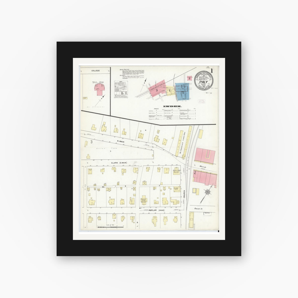 Old map wall art mockup — black gallery frame with white mat — Sanborn Fire Insurance Map from Italy, Ellis County, Texas (1912) - Complete Map Set